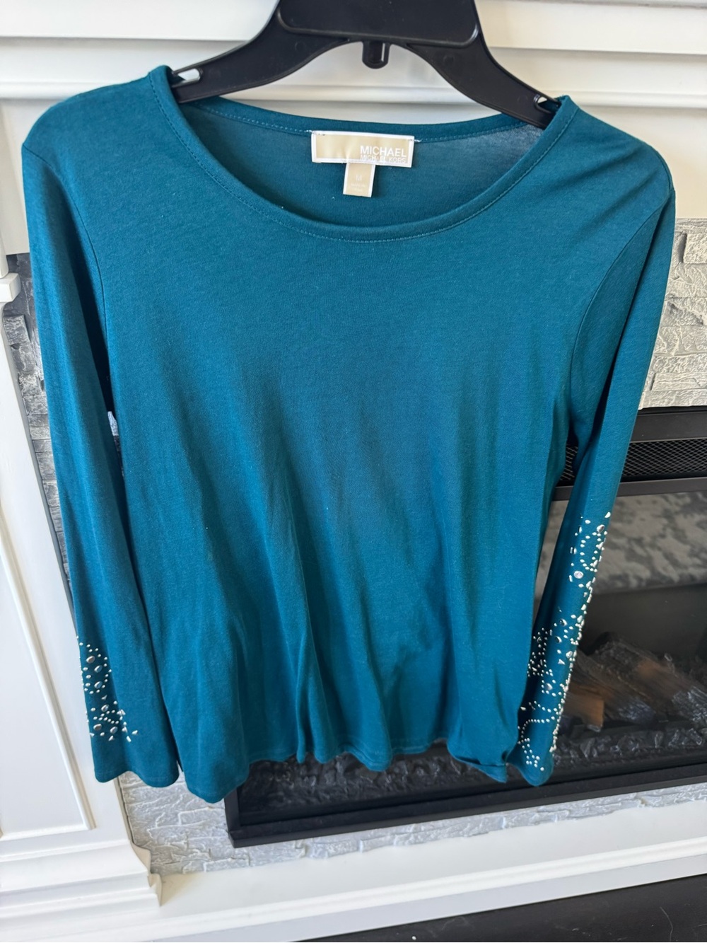 Michael Kors Teal Top Long-Sleeve Crewneck w Cuff Embellishments Gorgeous